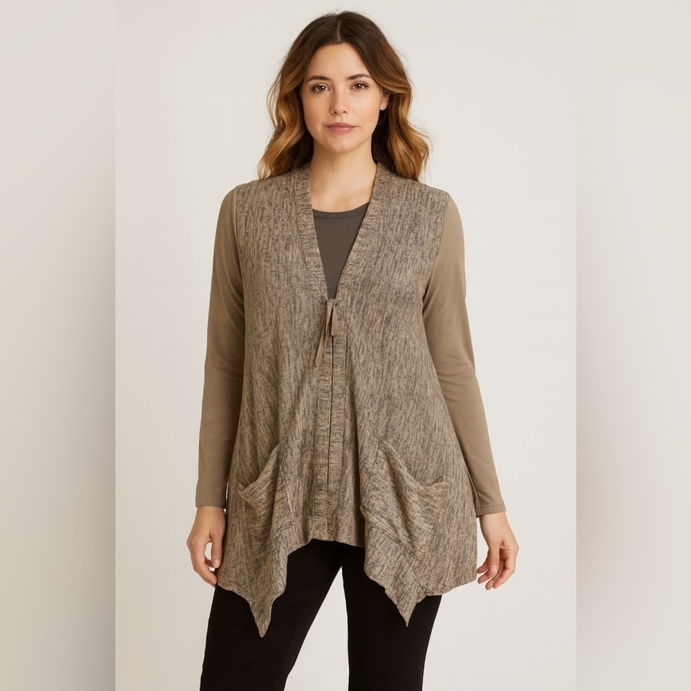 LOGO Lori Goldstein Sweater Womens L Cardigan Brown Zip Up Pockets Asymmetric